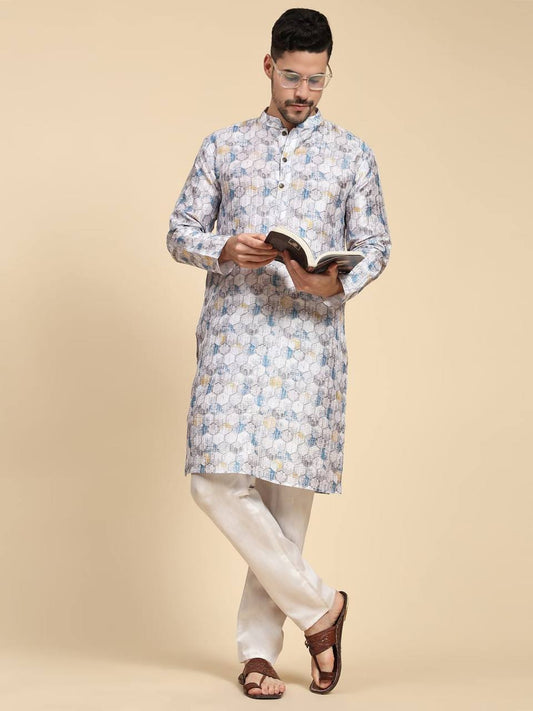 Men's traditional sequins work & print cotton kurta with pajama