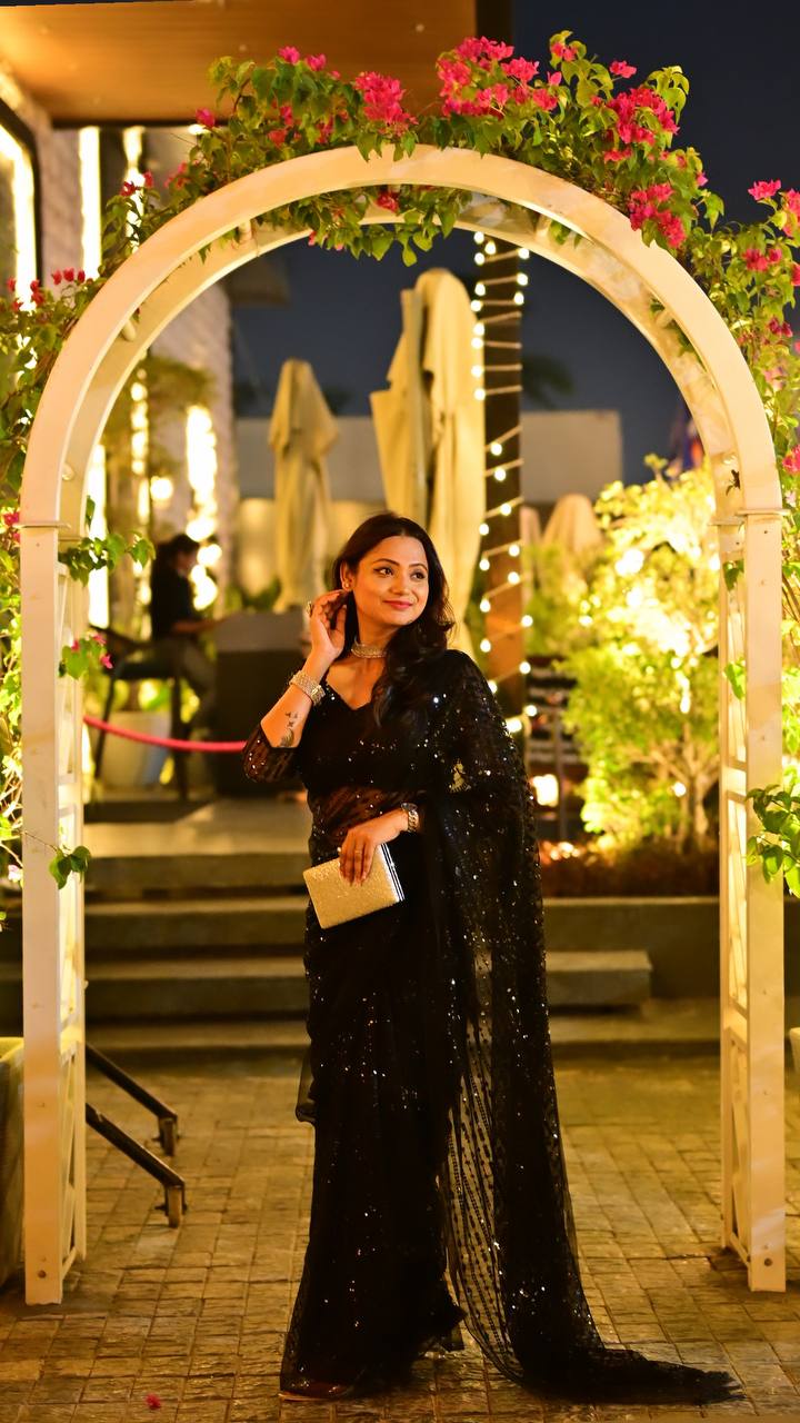 Dinner or Party Special Jet Black Sparkling Sequins Saree with Stitched Blouse