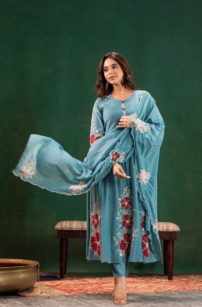 Sea Blue Chanderi Silk Flairer Kurti Set Fully Stitched