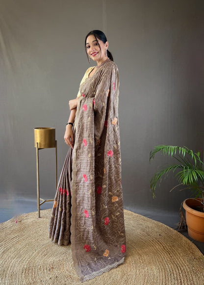 Kamya - Pure Tussar Silk with Jaal Embroidery Weaving with Stitched Blouse Options