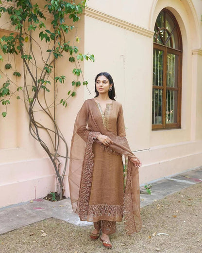 Premium Brown Chanderi Silk Readymade Suit