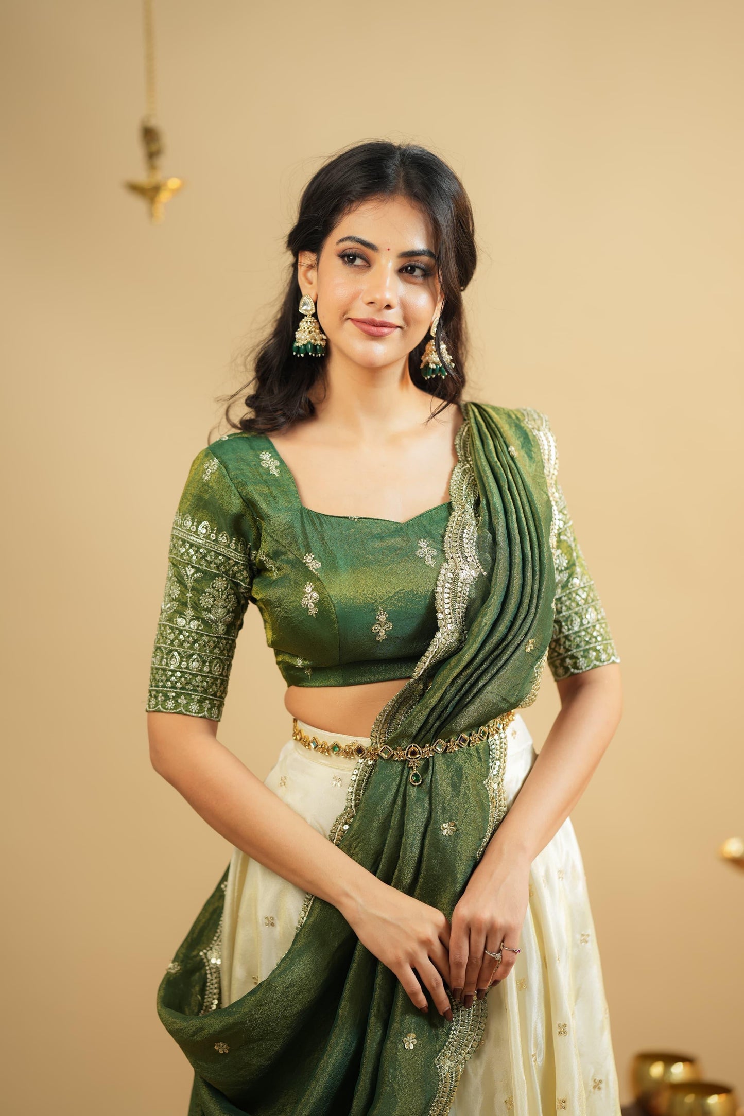 Saumya - Premium Green and White Silk Lehenga Fully Stitched