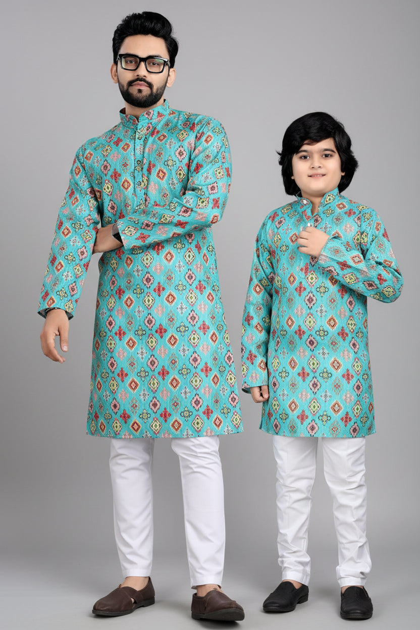 Father-Son Matching Cotton Printed Kurta Set with Pajama