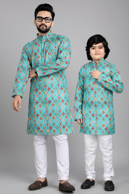 Father-Son Matching Cotton Printed Kurta Set with Pajama