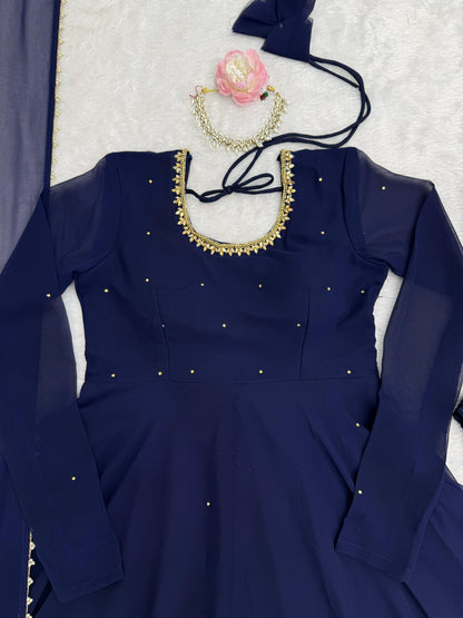 Beautiful Navy Blue Georgette Gown Fully Stitched