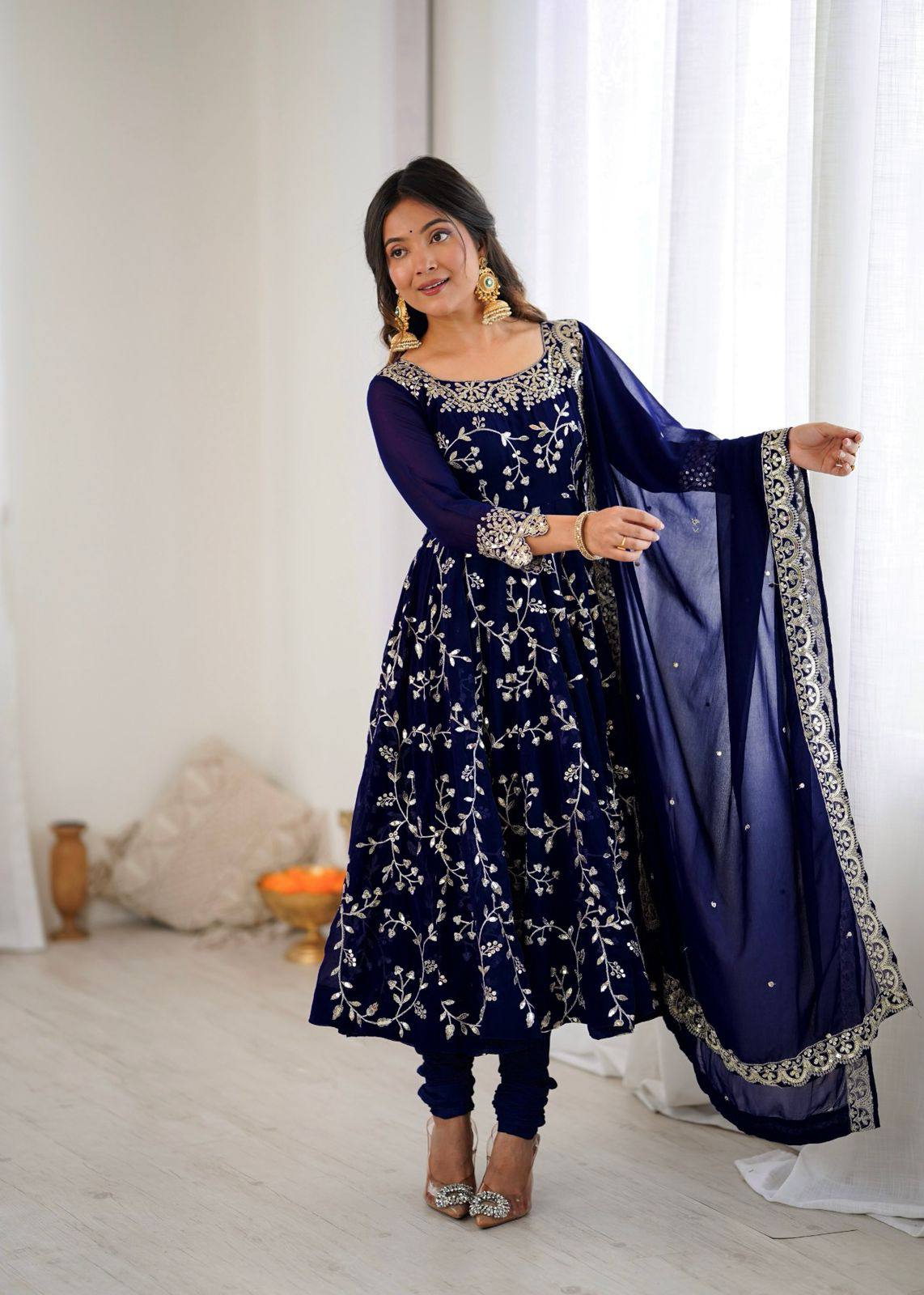 Preeva - Navy Blue Soft Georgette with Full Embroidery Gown Fully Stitched
