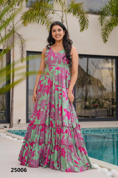 Pink Floral Soft Rayon Fabric Comfy Casual Gown Fully Stitched