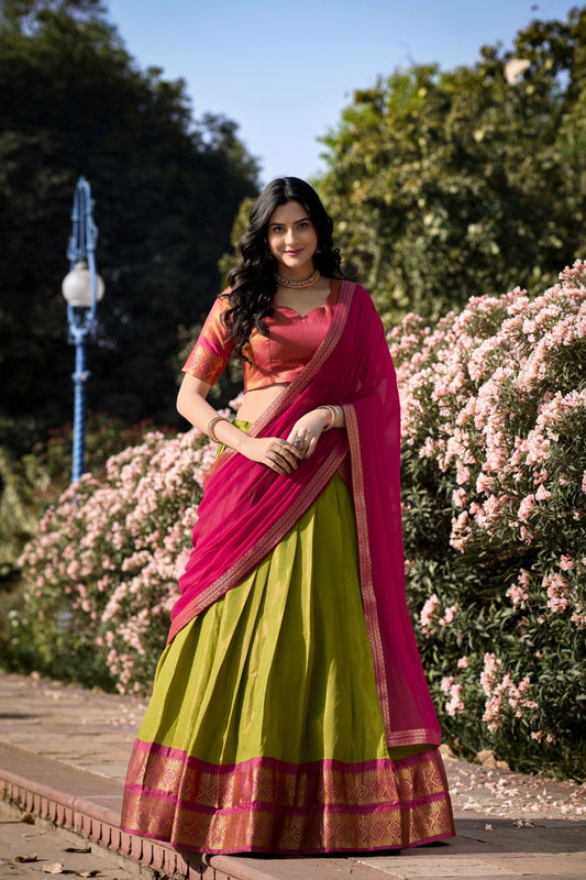 Pink & Mehendi Kanchipuram style premium fully stitched lehenga
