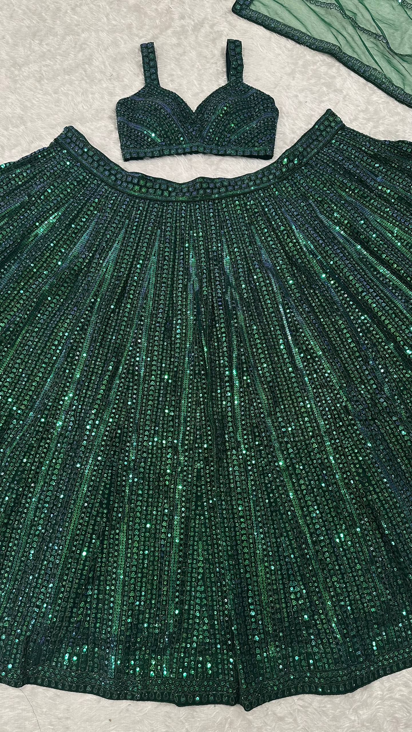 Premium Emerald Green Net Lehenga with Fully Sequins Work Fully Stitched