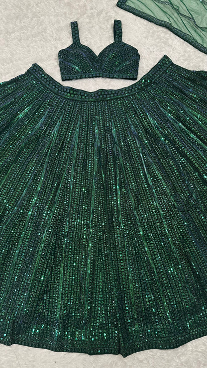Premium Emerald Green Net Lehenga with Fully Sequins Work Fully Stitched