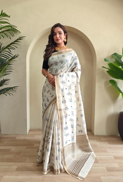 Saheli - Pure Loom Tussar Silk with Beautiful Embroidery Doodle Art and Stitched Blouse Options