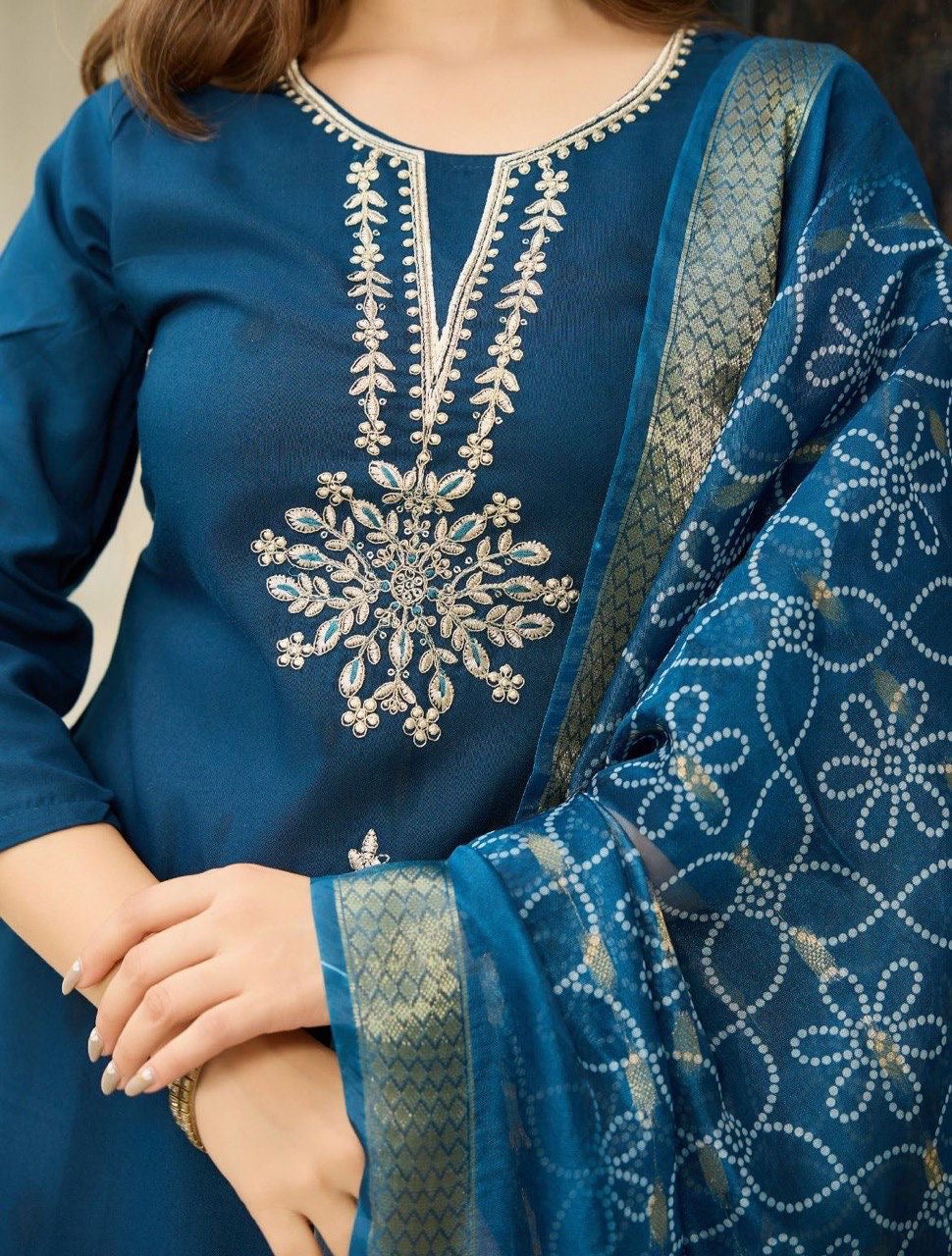 Premium Rama Rayon Fully Stitched Kurti Set with Minimal Embroidery