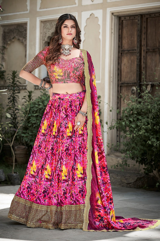 Pink Crushed Chinon fully stitched Lehenga Choli