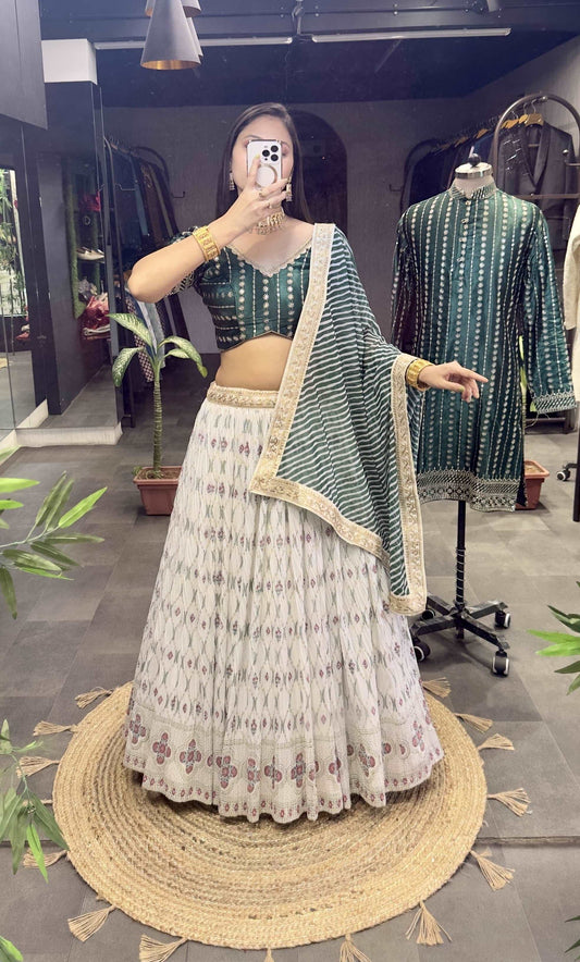 Margi - cream and green elegant fully stitched lehenga