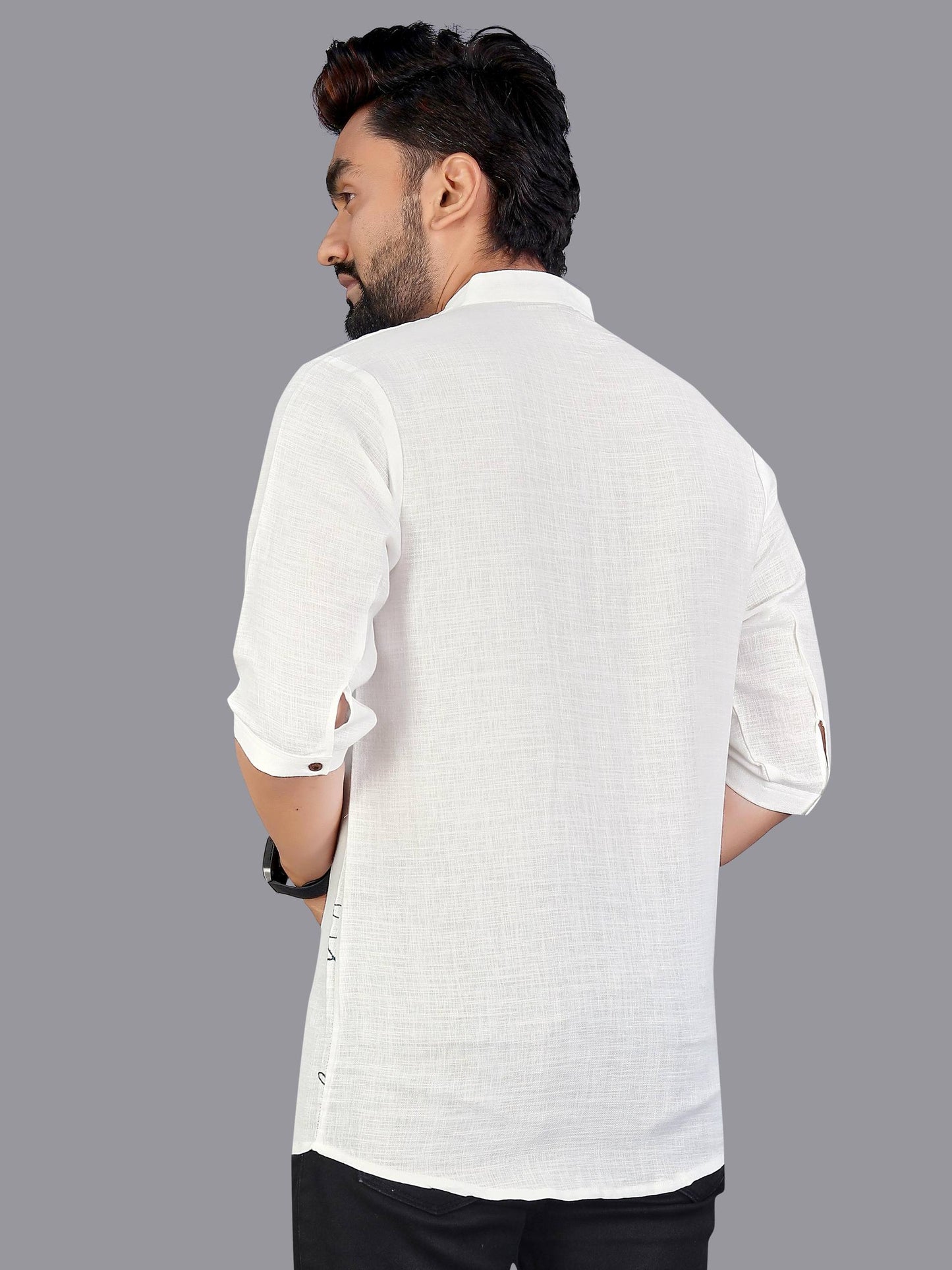 Off White Men's Premium Linen Print Short Kurta for Casual or Festive Look