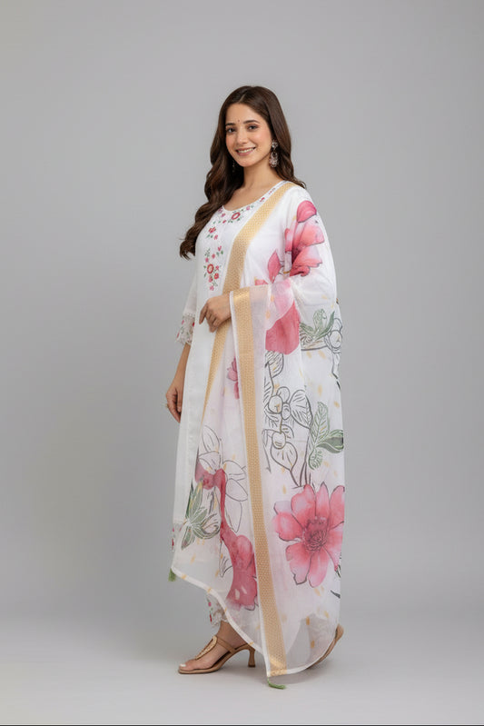 Woman in a white embroidered outfit standing in a room with a decorative wall.