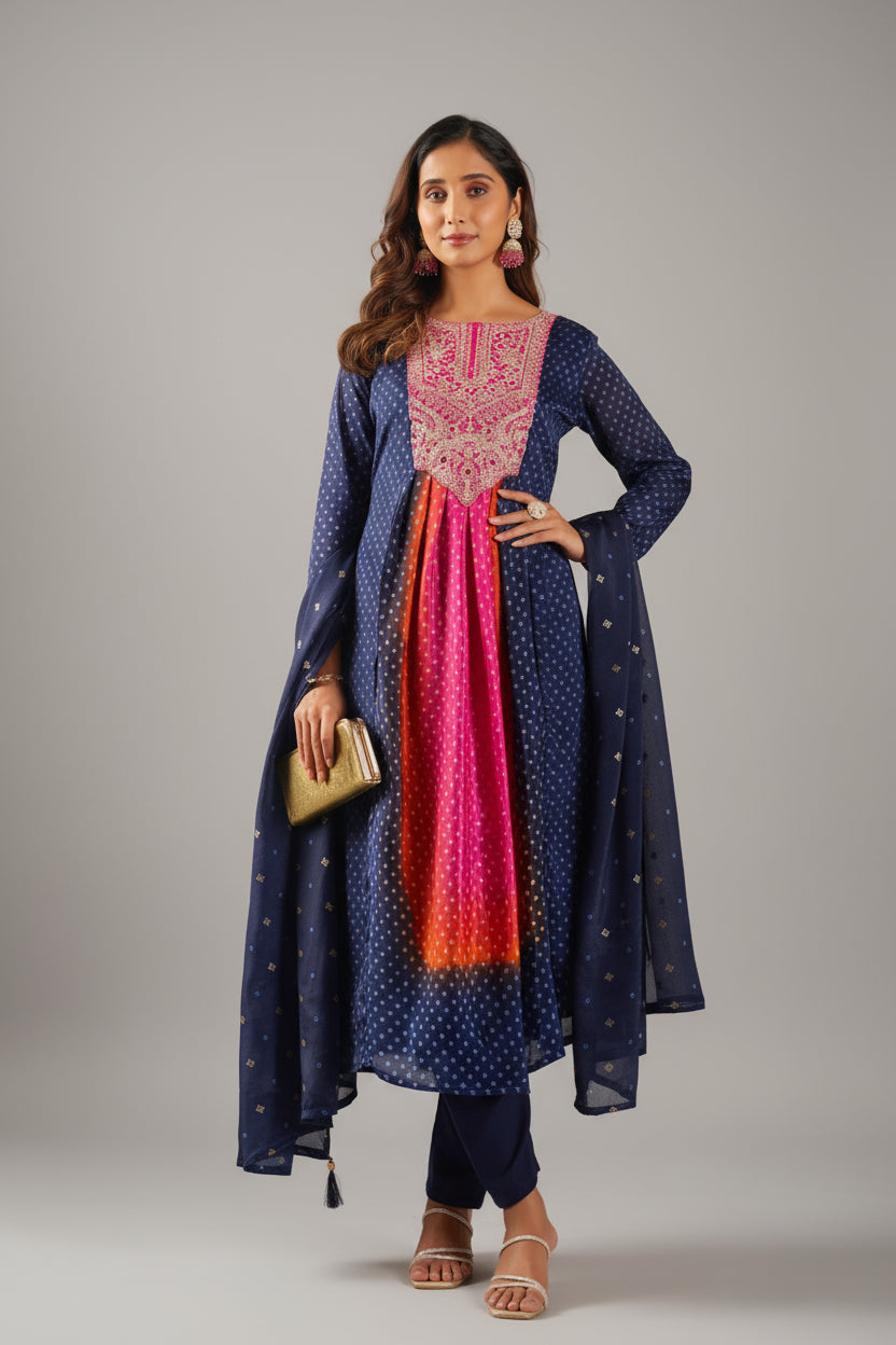 Woman in a traditional outfit with a blue and pink dress and orange dupatta standing indoors.