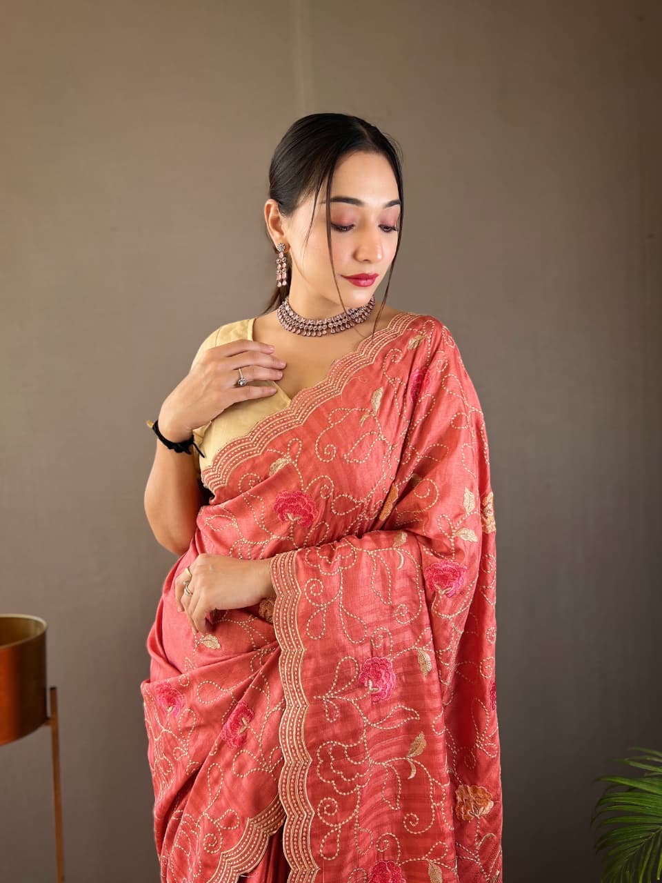 Kamya - Pure Tussar Silk with Jaal Embroidery Weaving with Stitched Blouse Options