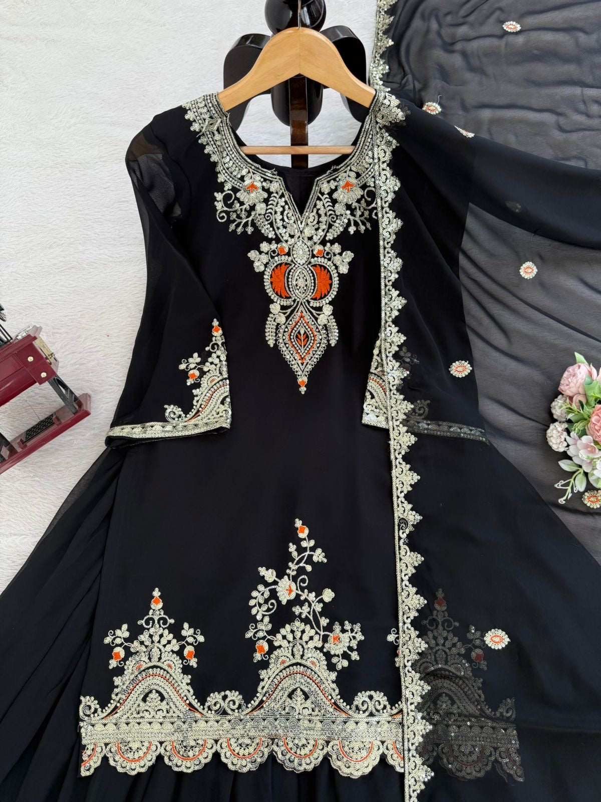 Premium Black or White Embroidered Fully Stitched Sharara Set in Readymade Sizes