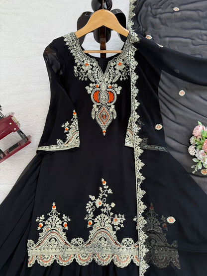 Premium Black or White Embroidered Fully Stitched Sharara Set in Readymade Sizes