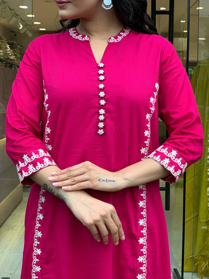 Rani Pink Soft Chanderi Minimal Kurti Set Fully Stitched