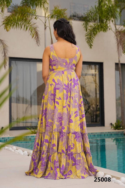 Mustard Floral Soft Rayon Fabric Comfy Casual Gown Fully Stitched