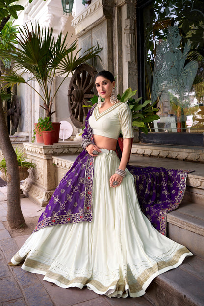Pankhudi - Premium Rayon Cotton White and Purple Chaniya Cholis Fully Stitched