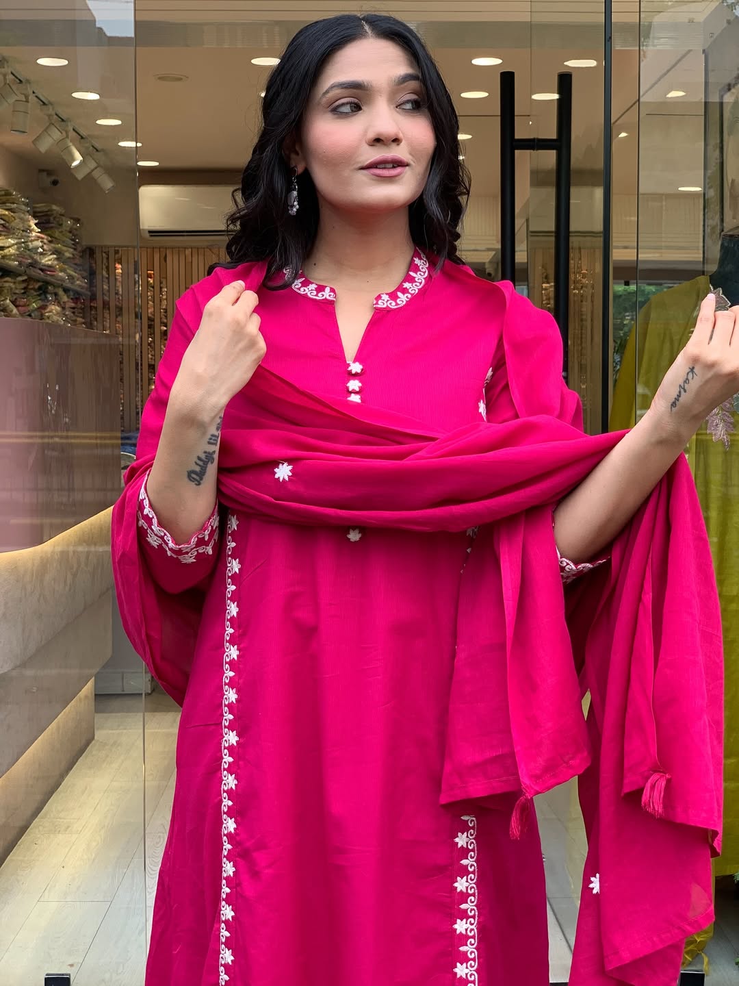 Rani Pink Soft Chanderi Minimal Kurti Set Fully Stitched