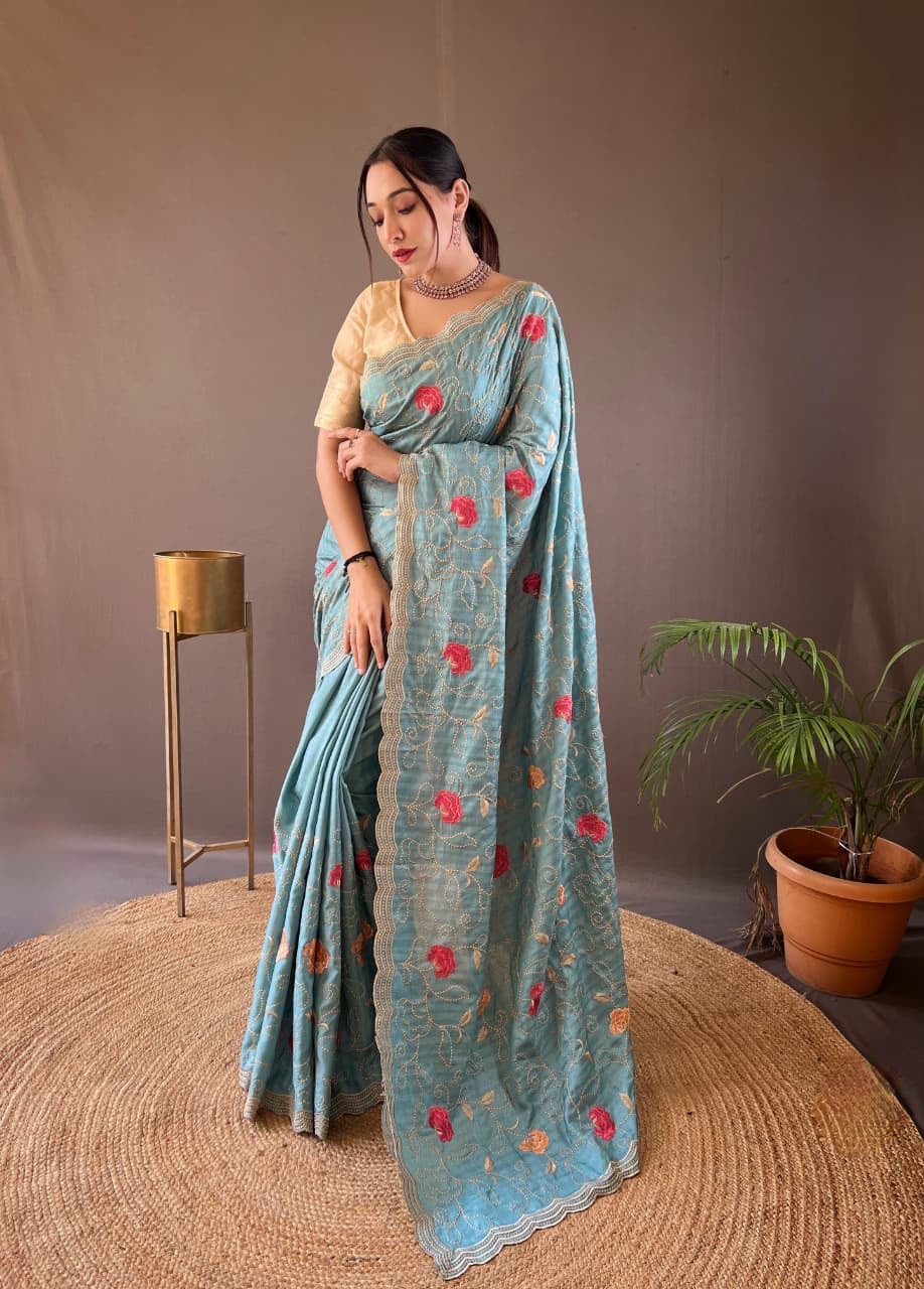 Kamya - Pure Tussar Silk with Jaal Embroidery Weaving with Stitched Blouse Options