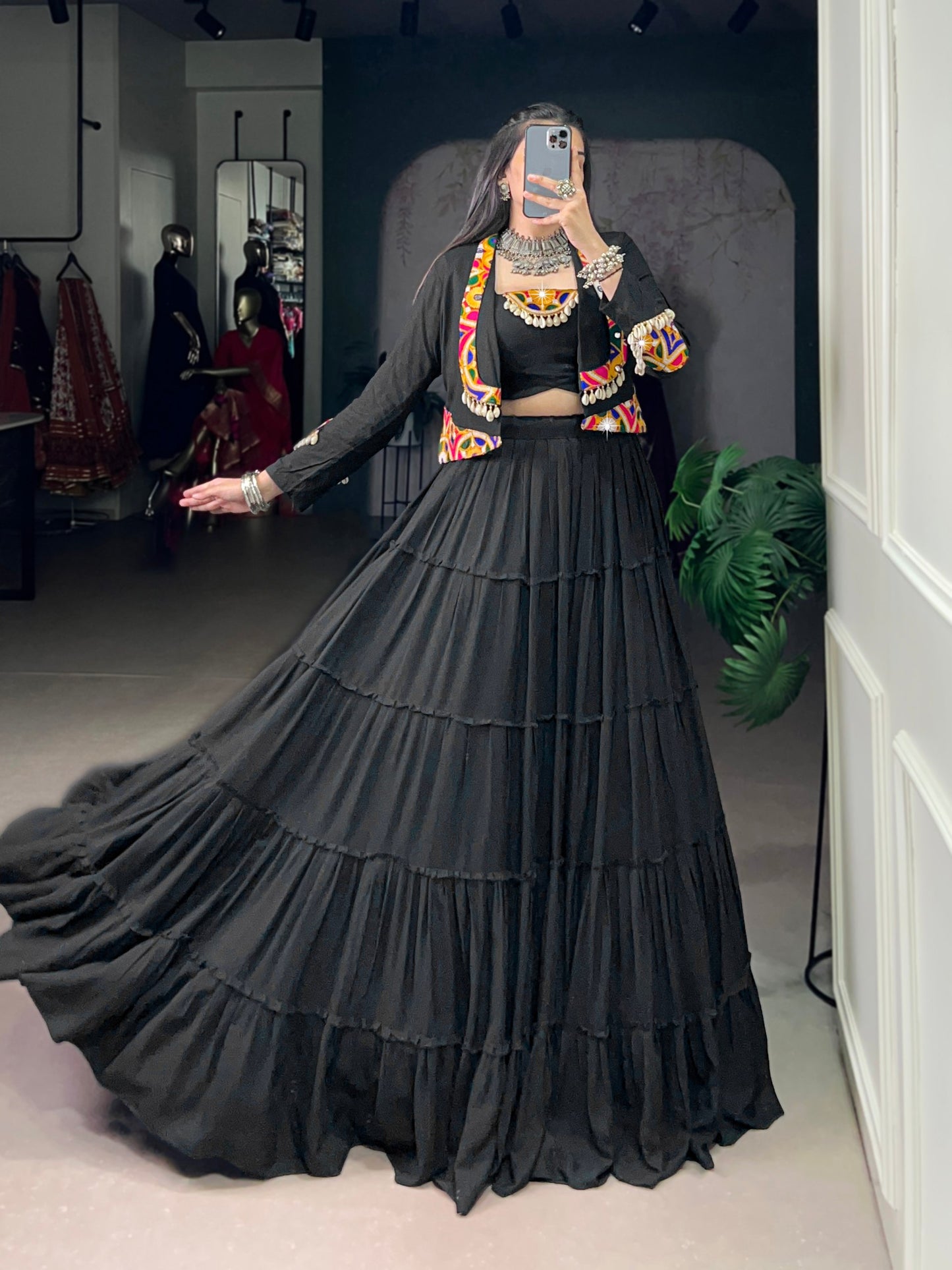 Premium Rayon Cotton With Gamthi and Kodi Work Chaniya Cholis with Koti Jacket Fully Stitched