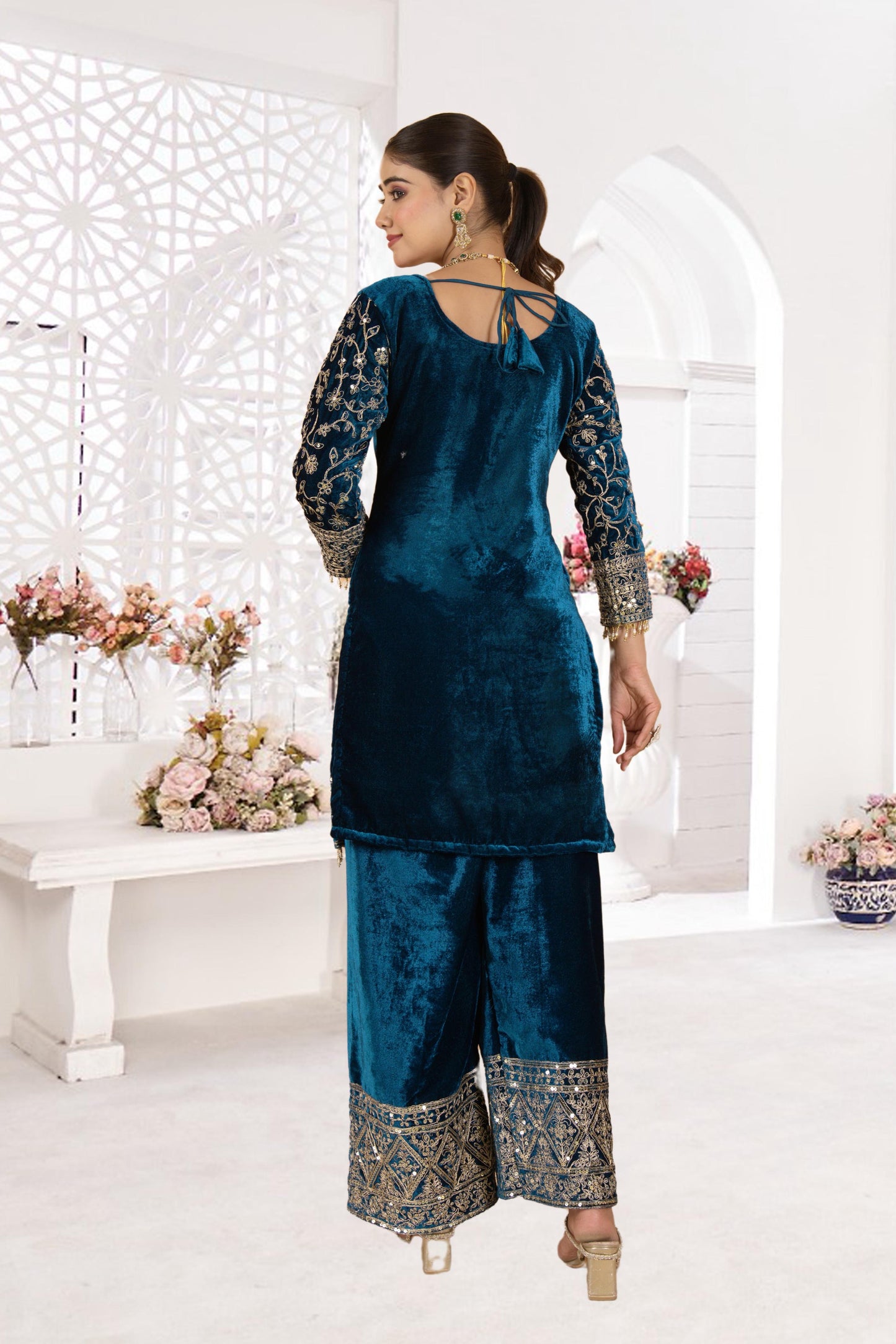 Noor - Bottle Green Premium Velvet Fabric with beautiful Embroidery Suit Fully Stitched