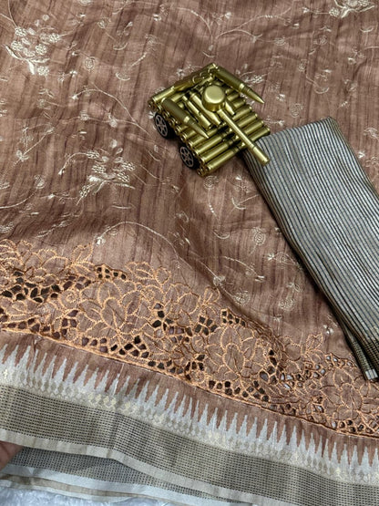 Evika - Premium Tussar Cotton Saree with Cut Work & Stitched Blouse