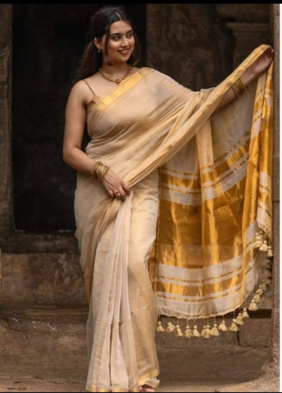 Rashmika - Premium Gold & Off White Linen Tissue Silk Saree with Stitched Blouse Options