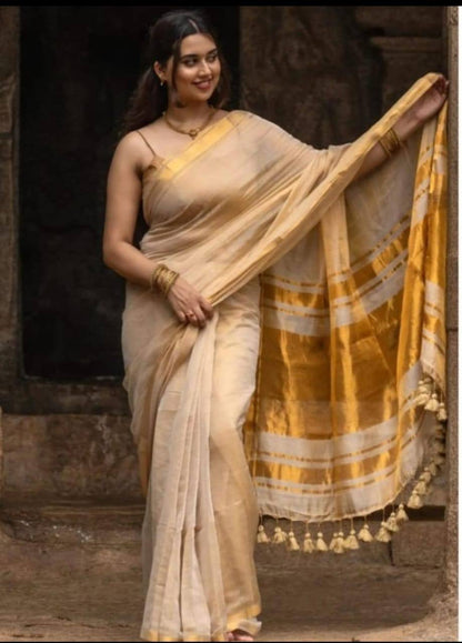 Rashmika - Premium Gold & Off White Linen Tissue Silk Saree with Stitched Blouse Options