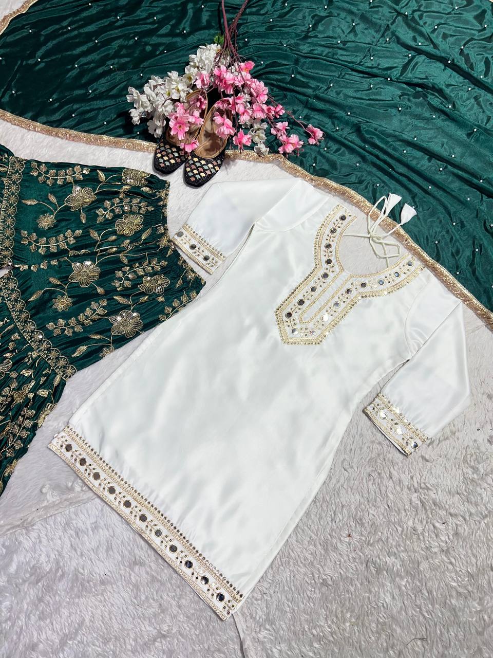 Green & White Punjabi Sharara set with Paper mirror work fully stitched