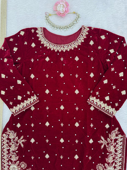 Pure Velvet Maroon Pink Punjabi Suit with Plazo Fully Stitched