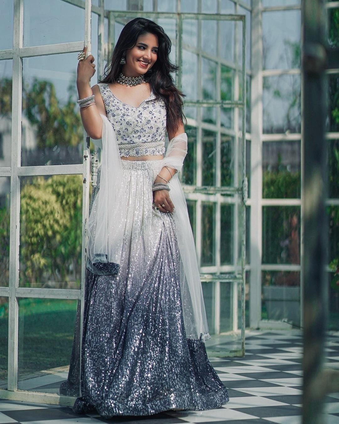 Premium White and Grey Dual Tone Sequins Lehenga Fully Stitched