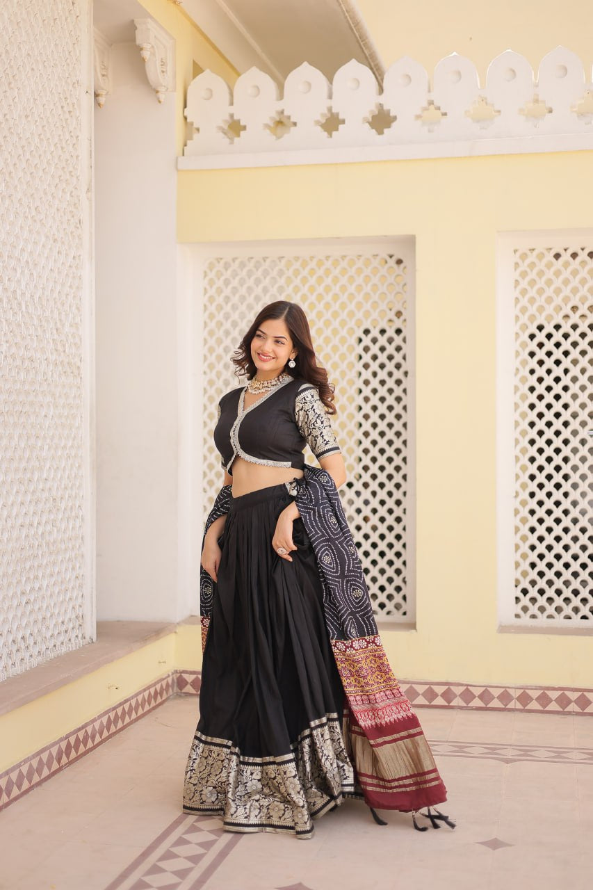 Fully stitched Black Premium Viscose Lehenga with Gaji silk Dupatta