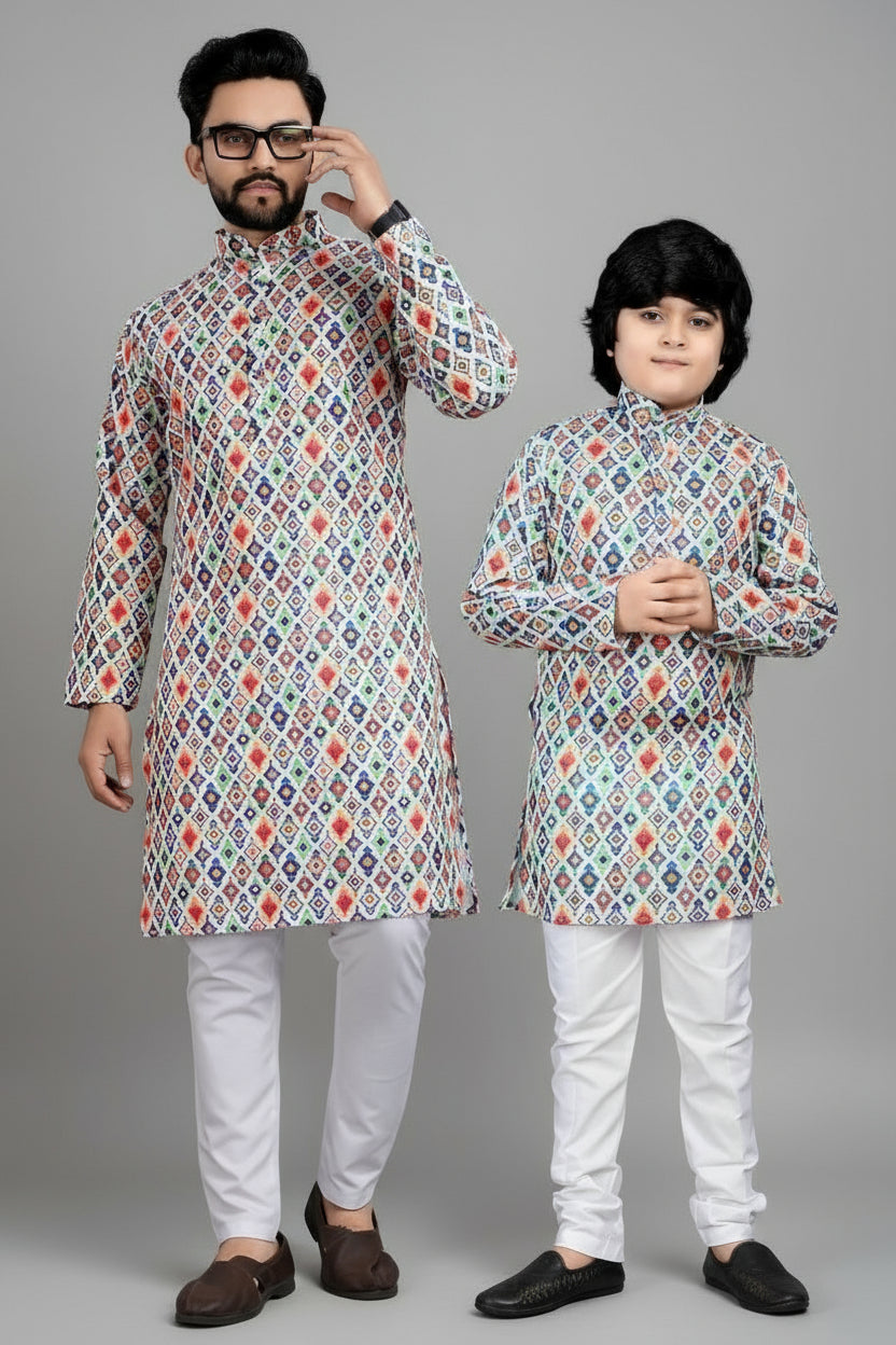 Two individuals wearing matching patterned kurta sets against a wooden background.