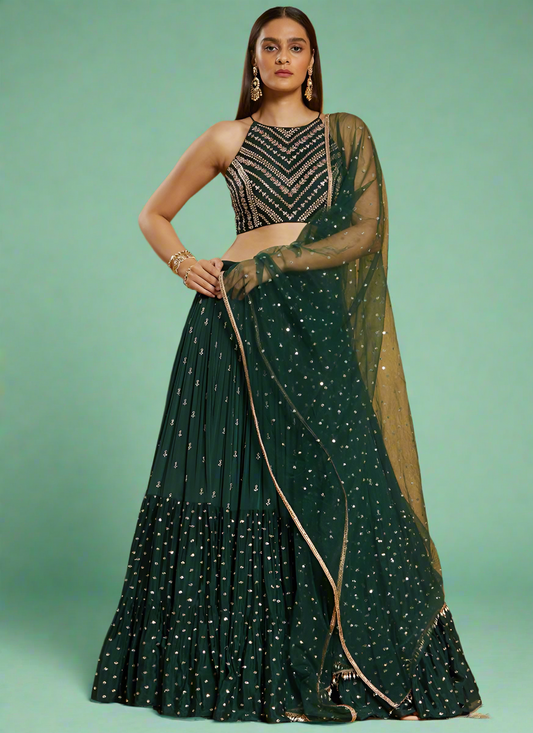 Dark Green Soft Georgette Fully Stitched Lehenga
