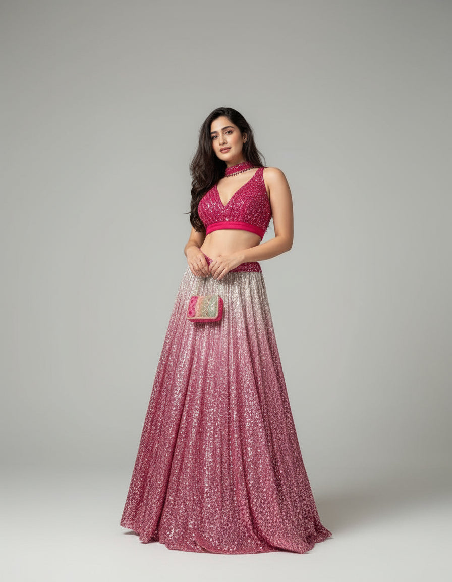 Woman in a pink traditional outfit standing against a stone wall.