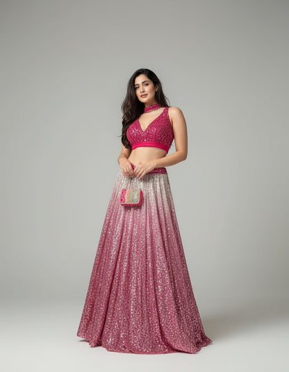 Woman in a pink traditional outfit standing against a stone wall.