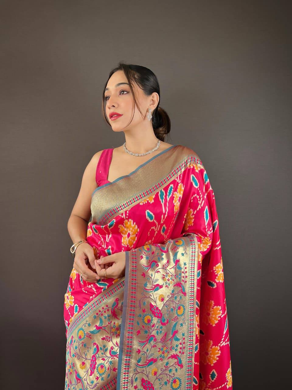 Premium Soft Silk With Rich Patola Weaving and Contast Pallu with Stitched Blouse