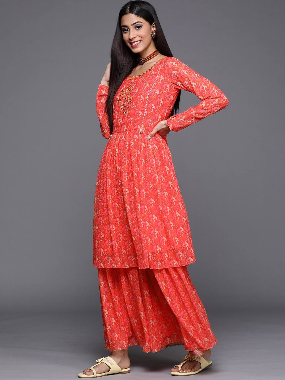 Georgette sharara set orange and pink shade