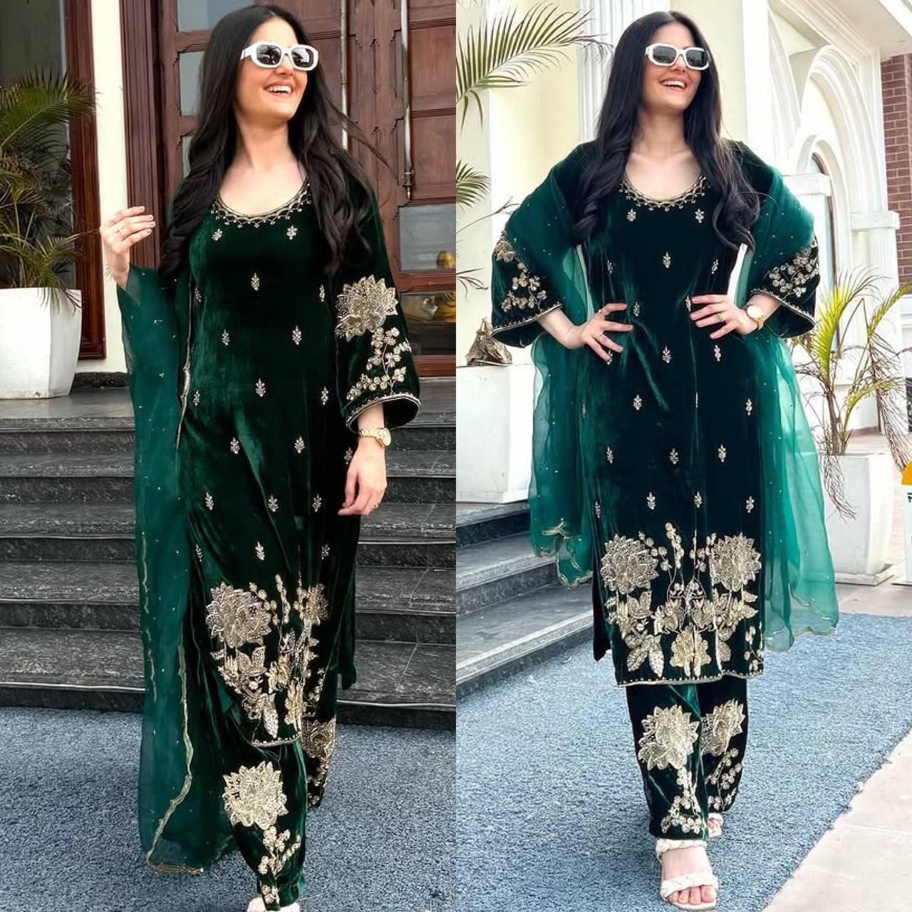 Jugni - Dark Green Premium Velvet Fully Stitched Suit with Embroidery Work