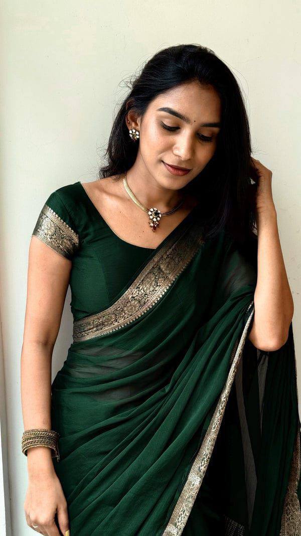 Vrinda - Soft Chinnon Silk Saree with Gold Zari Border & Stitched Blouse Options