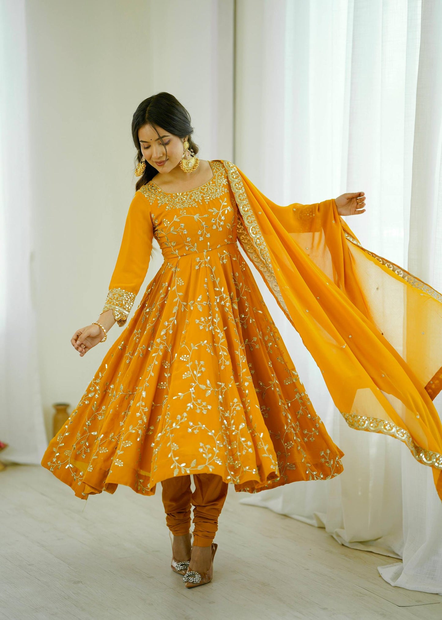 Preeva - Mustard Soft Georgette with Full Embroidery Gown Fully Stitched