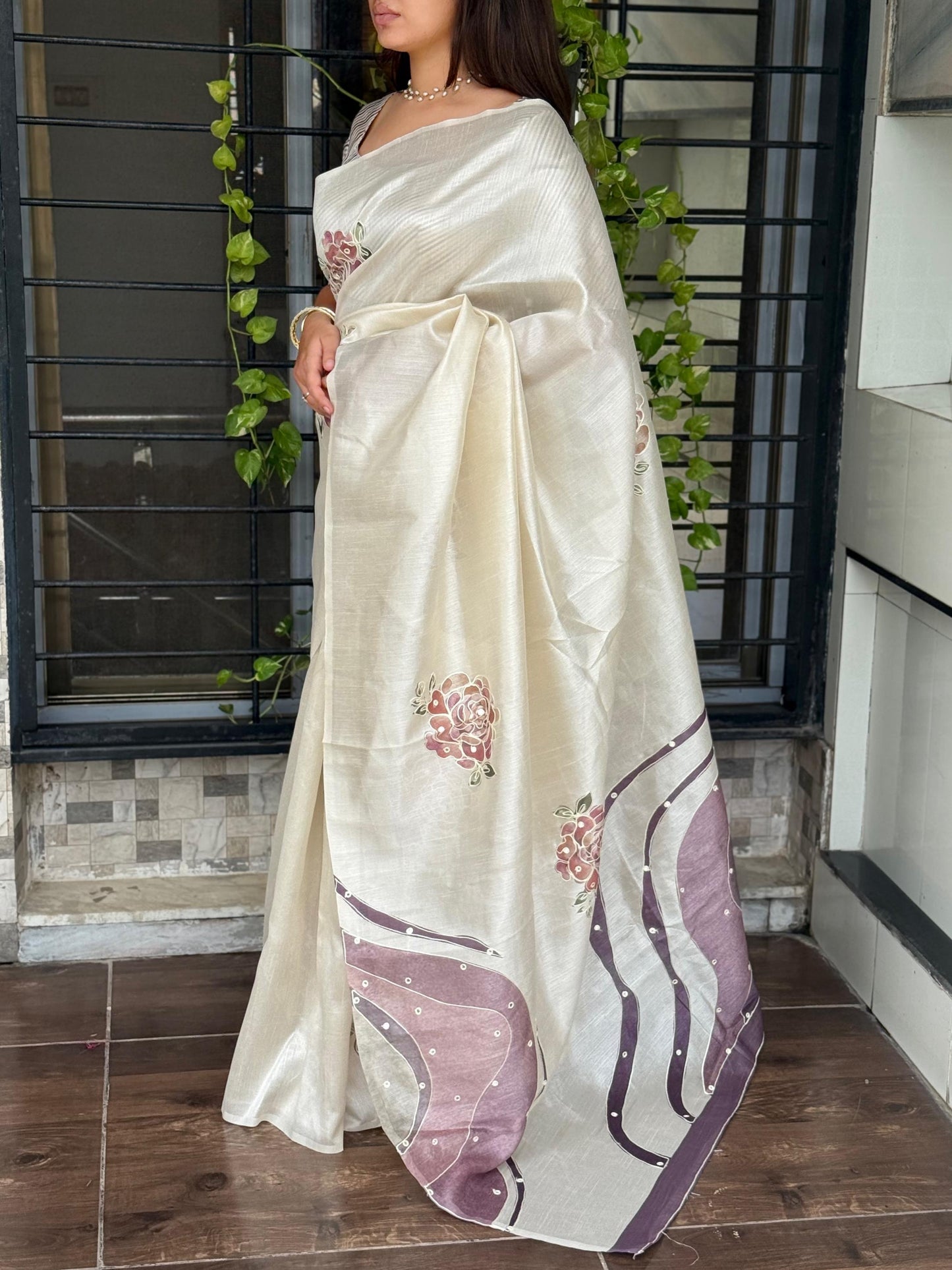 Pure Tusser Linen Saree Fluid Printed Design with Stitched Blouse Options