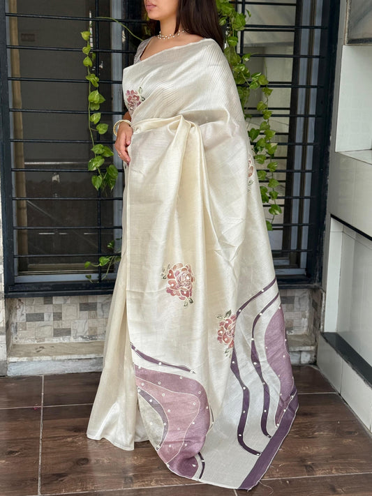 Pure Tusser Linen Saree Fluid Printed Design with Stitched Blouse Options