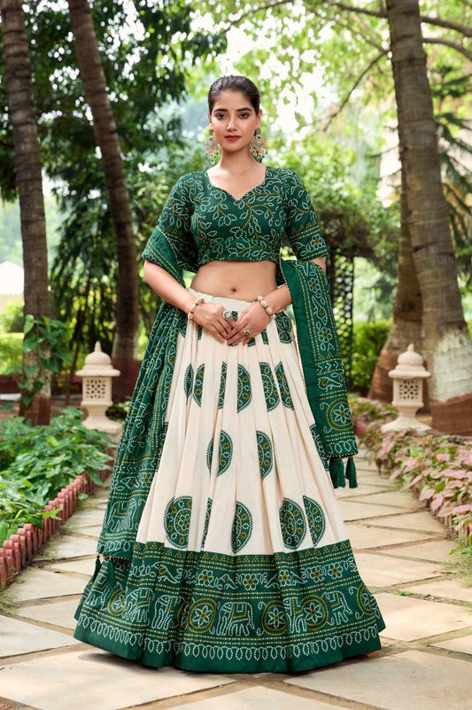 Navratri Special Green Bandhani Print Fully Stitched Lehenga